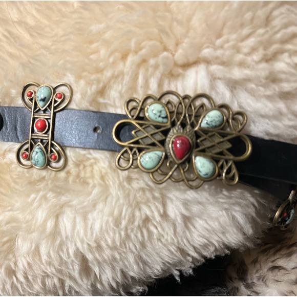 black leather western concho belt faux coral and turquoise stones scroll design - Picture 6 of 17